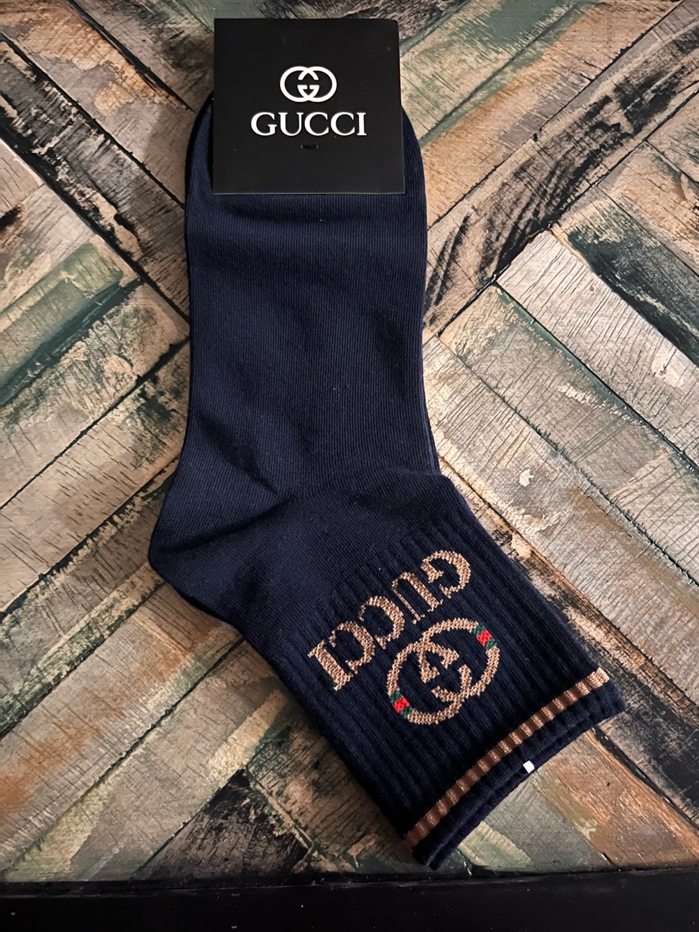 Gucci Navy Crew Socks with Gold Logo and Red-Green Accents